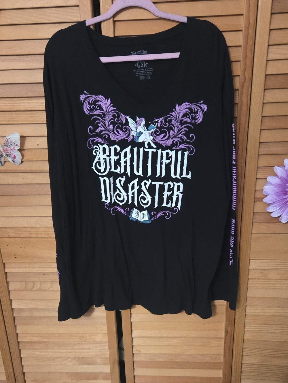 Women's "Authentically Ever After" Black V-Neck Graphic Long Sleeve Top